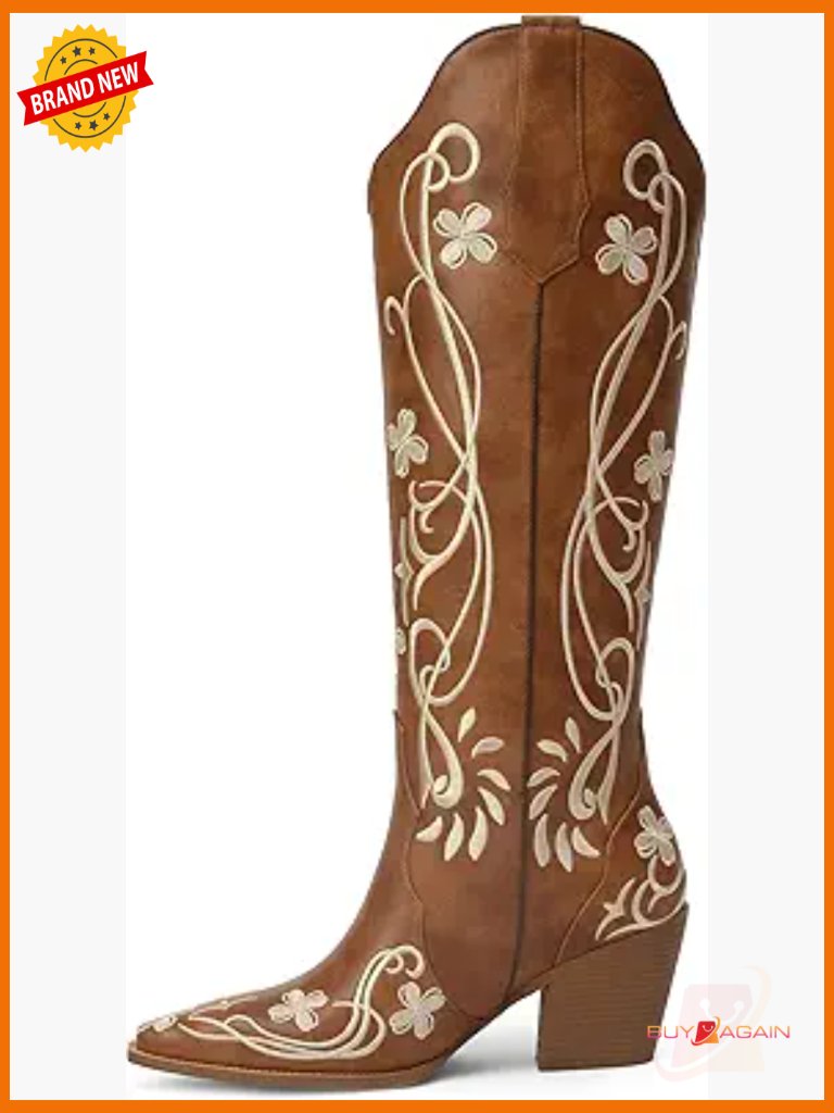 Knee High Cowboy Boots Women Vintage Floral Embroidered Western Pull On Block